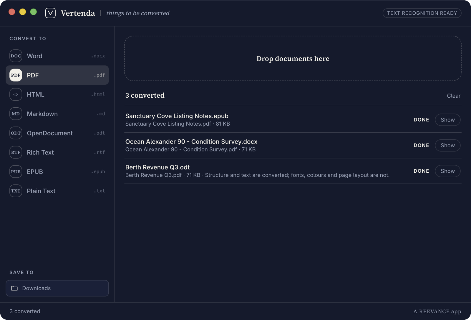 The Vertenda app in dark mode: the same window in reversed navy and off-white, with three converted documents listed and marked DONE.