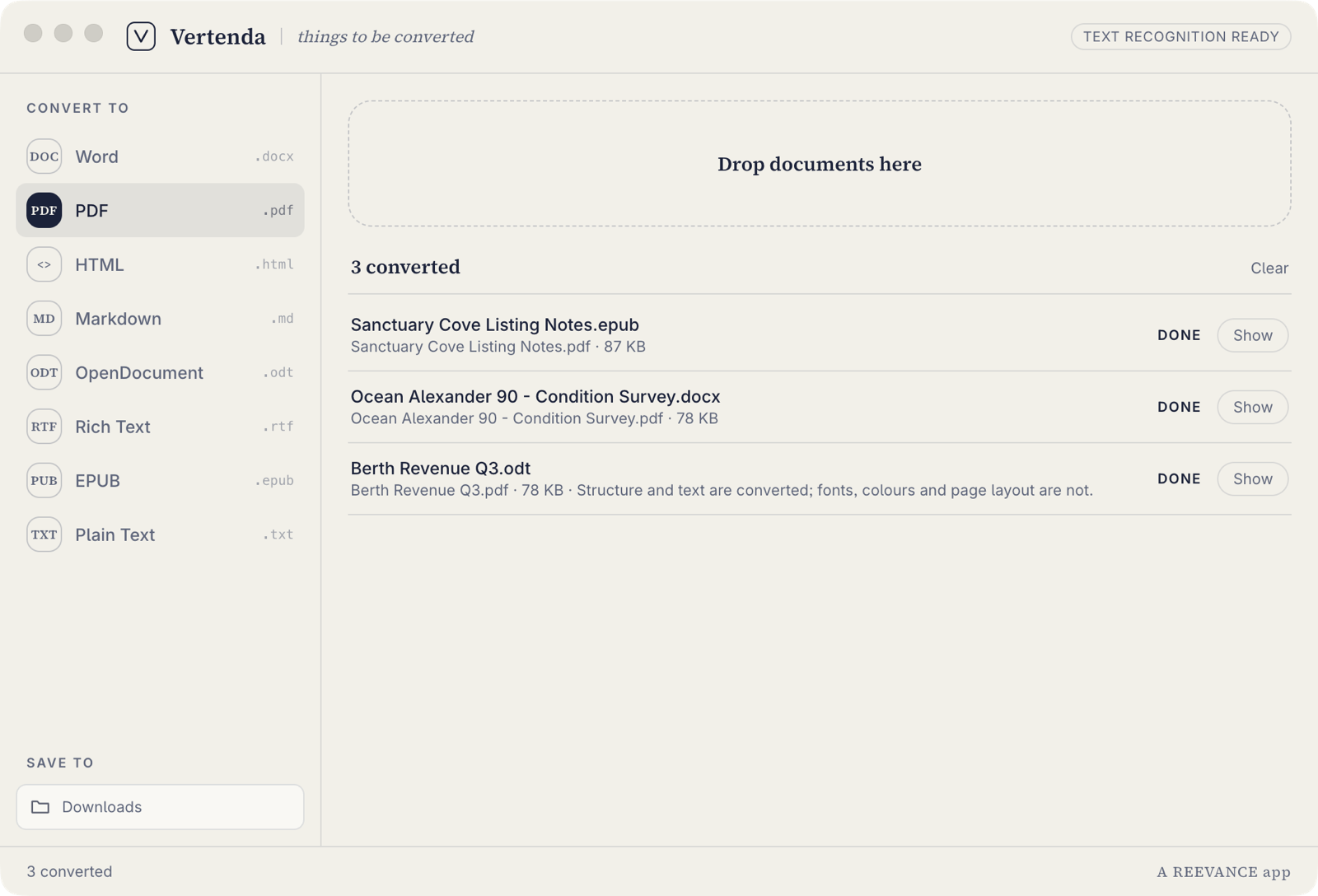The Vertenda app window: output formats listed down the left with PDF selected, and three converted documents on the right, each marked DONE.
