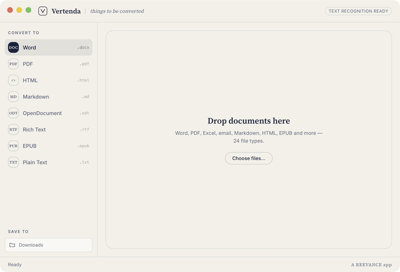 The Vertenda app waiting for work: the output formats listed down the left with Word selected, and a large drop area reading “Drop documents here — Word, PDF, Excel, email, Markdown, HTML, EPUB and more, 24 file types”.
